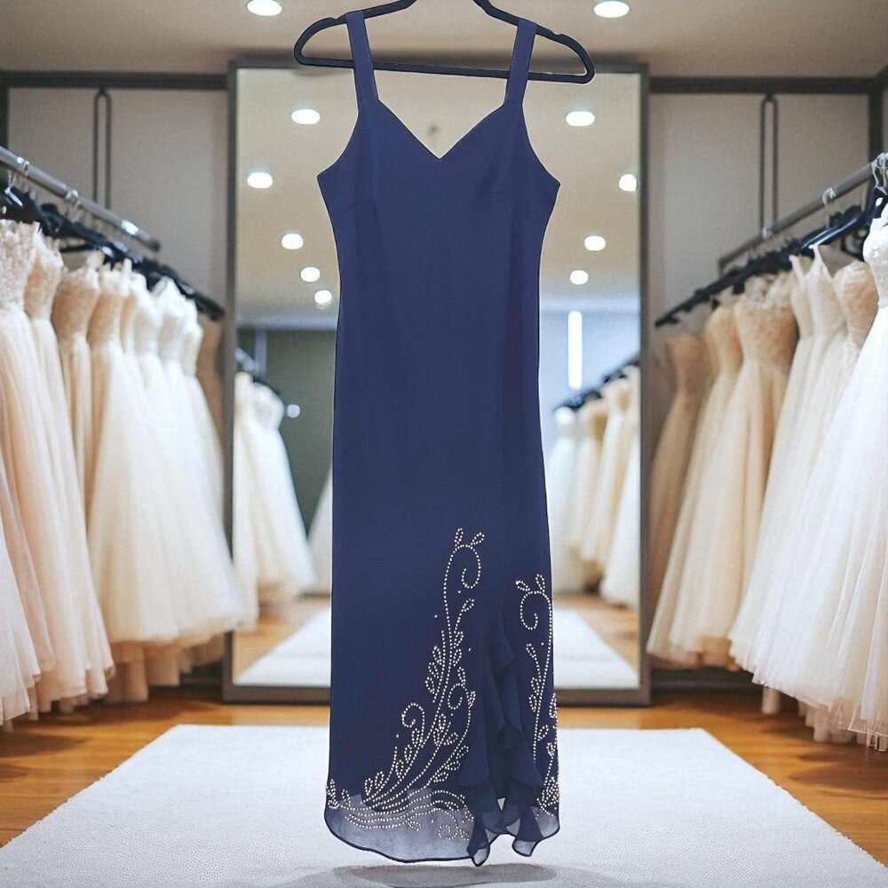 R&M Richards Navy Beaded Midi Dress‎ Formal Petite Cocktail Evening Glam